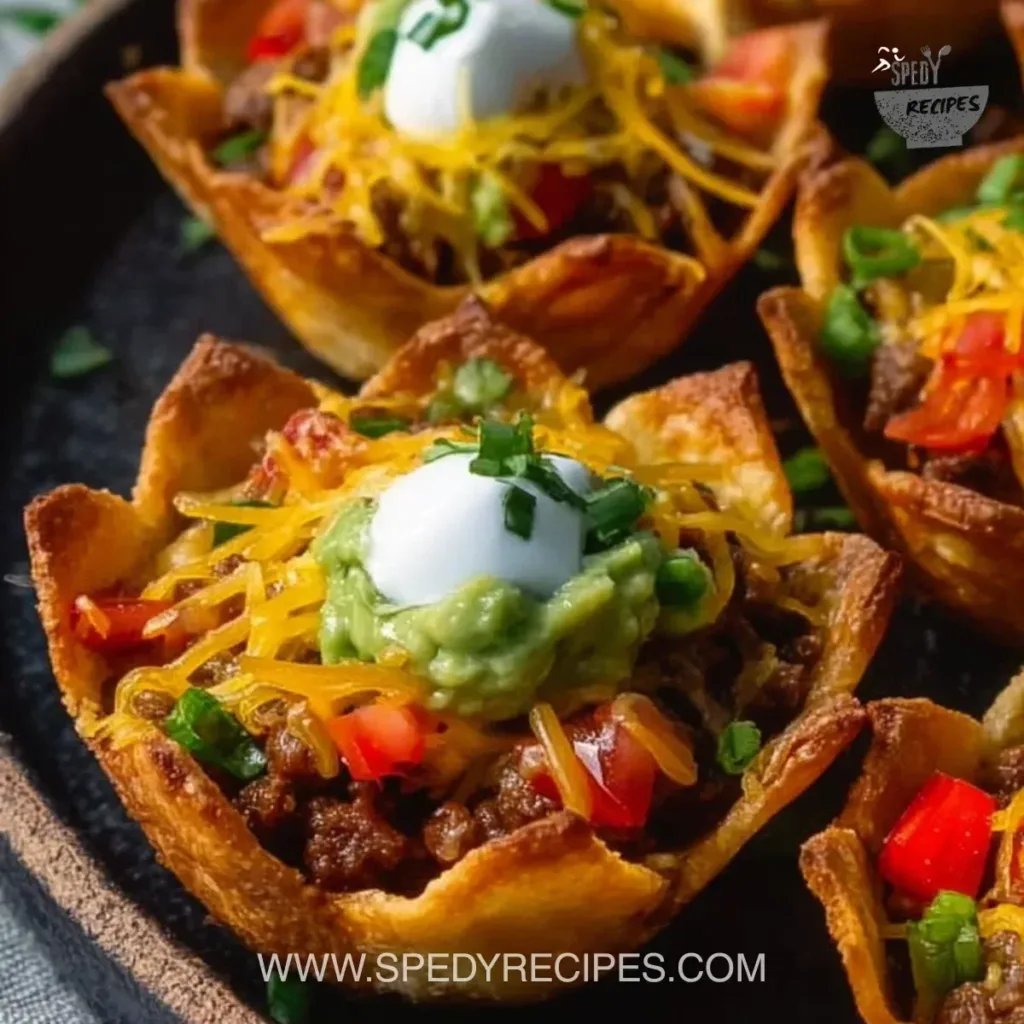 Cheesy beef taco cups served in crispy shells, topped with cheese and garnishes.