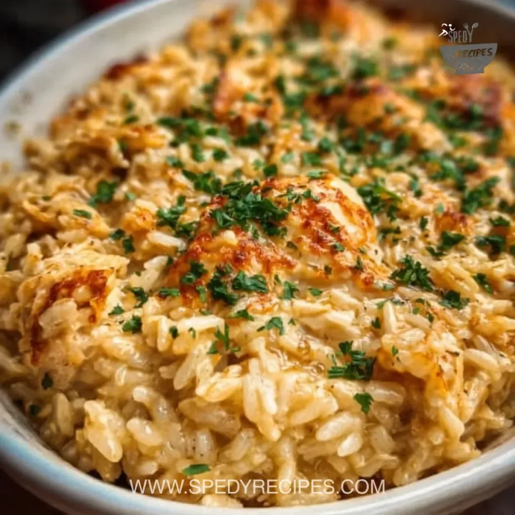 Chicken and Rice Casserole Creamy Chicken Rice Casserole topped with herbs and cheese