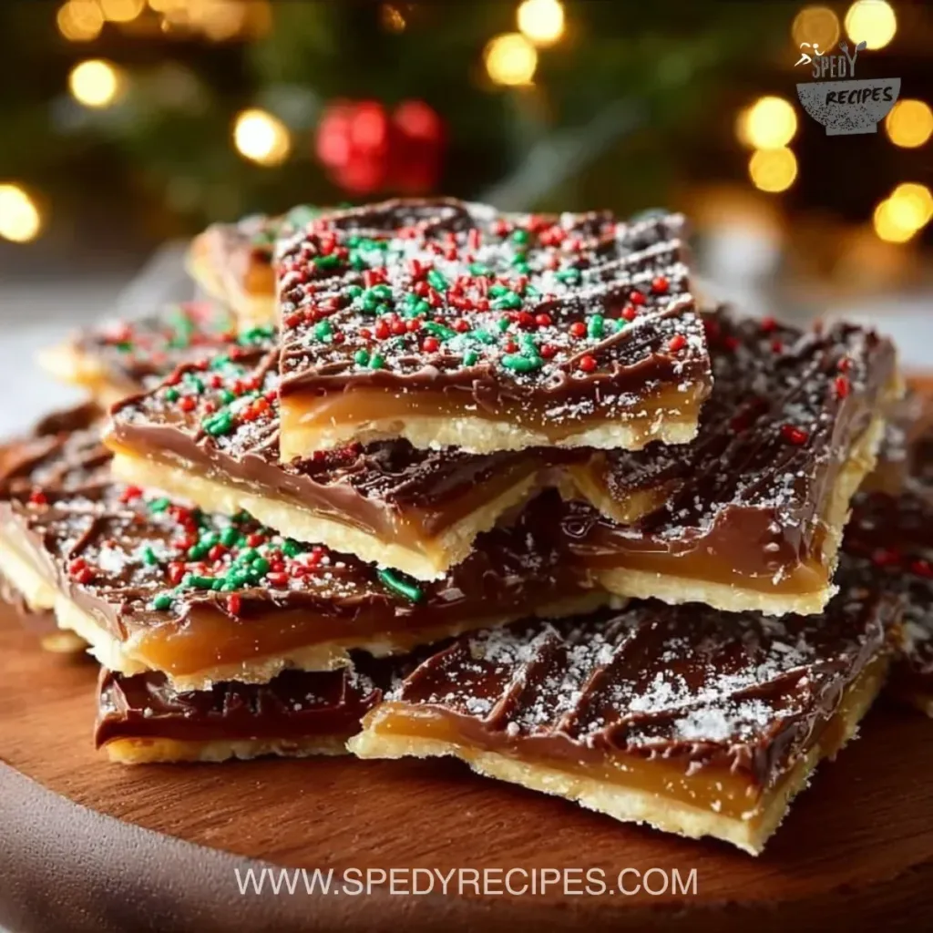 Delicious homemade Christmas Crack dessert on a festive background.