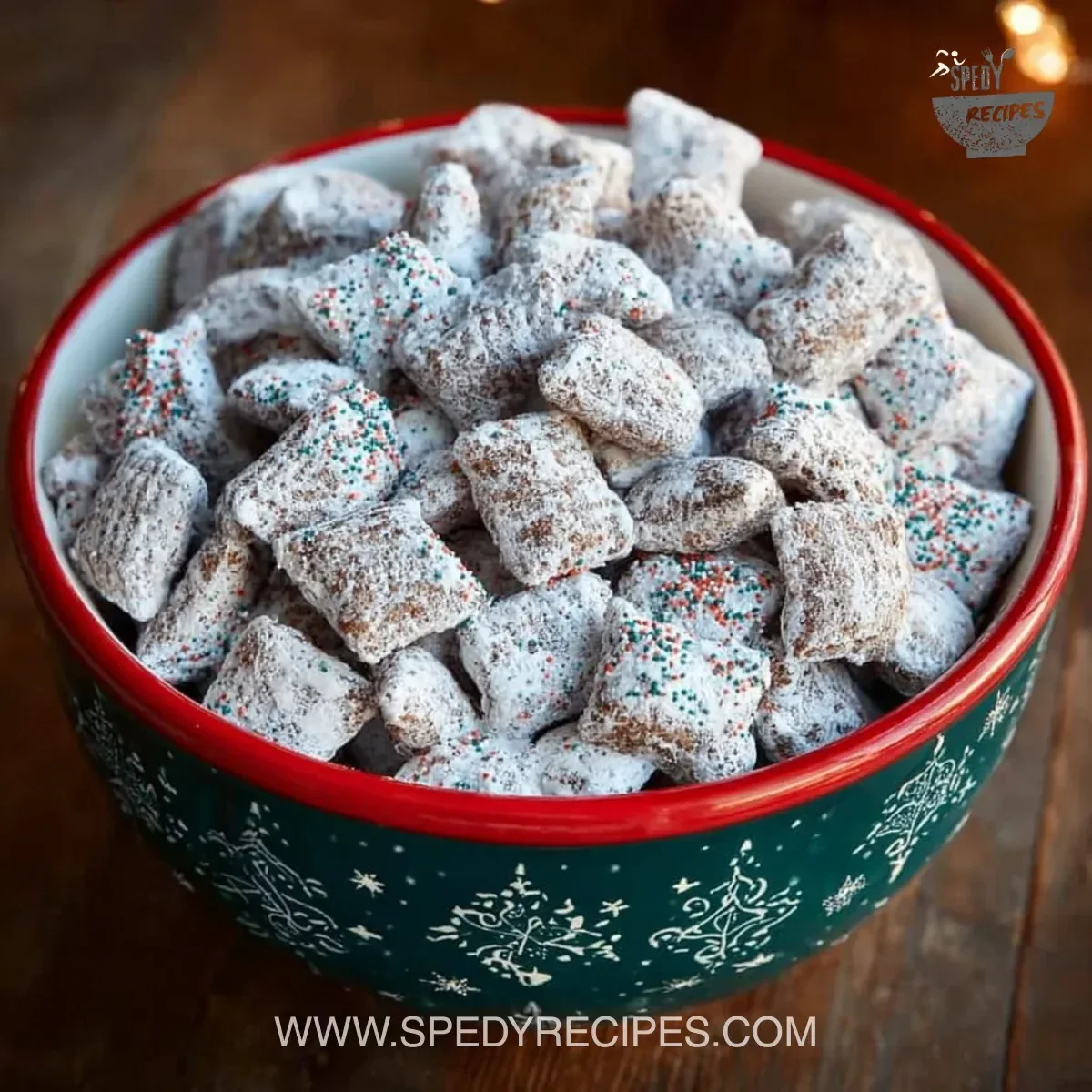 Delicious Christmas Puppy Chow recipe with festive toppings and treats.