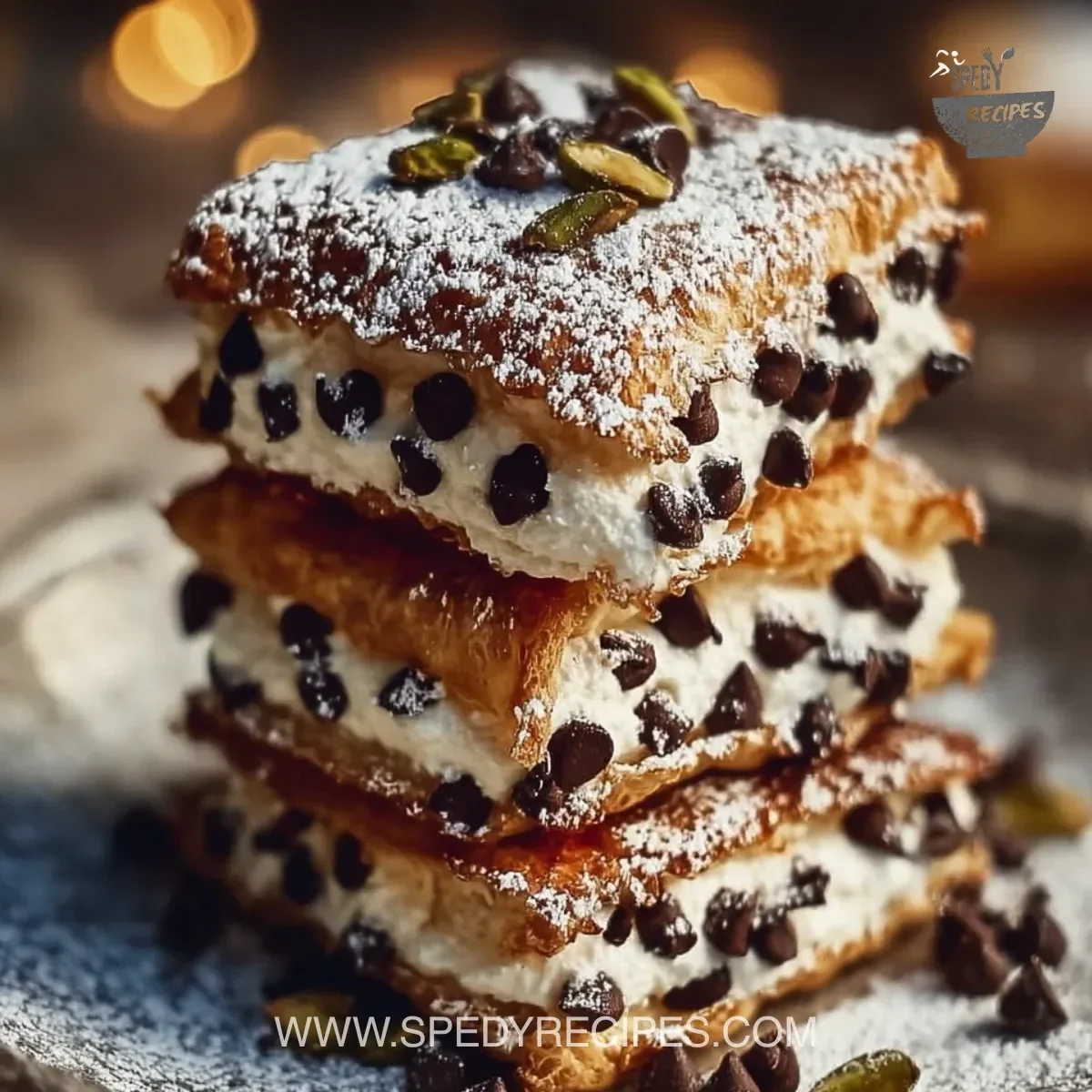 Delicious Classic Cannoli Squares topped with chocolate and pistachios