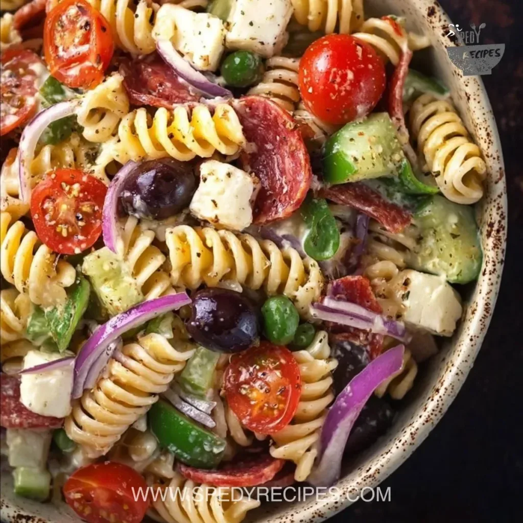 Classic pasta salad with fresh vegetables and dressing in a bowl