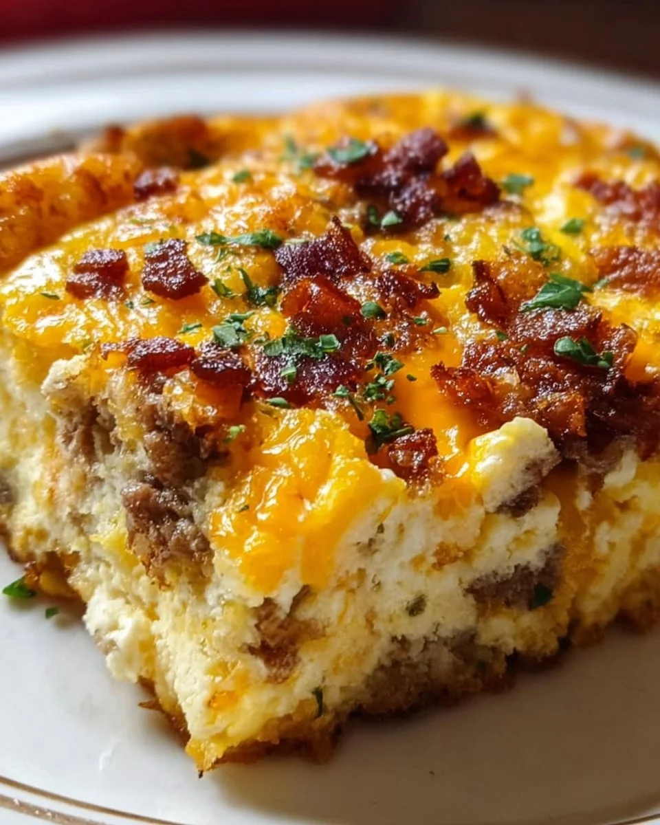 Delicious Crack Breakfast Casserole with layers of eggs, cheese, and bacon