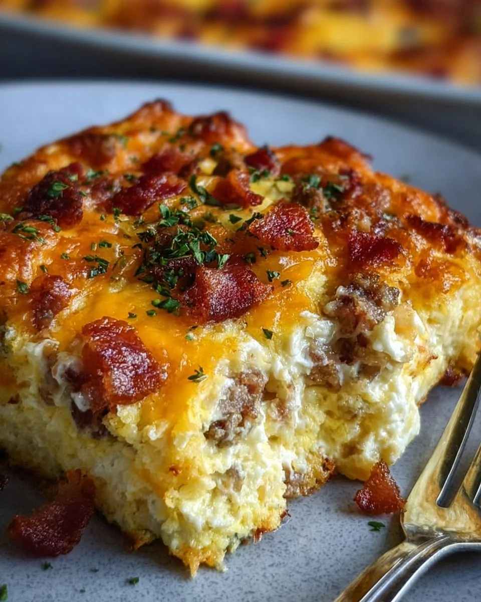 Crack Breakfast Casserole with eggs, cheese, and crispy bacon on a serving plate