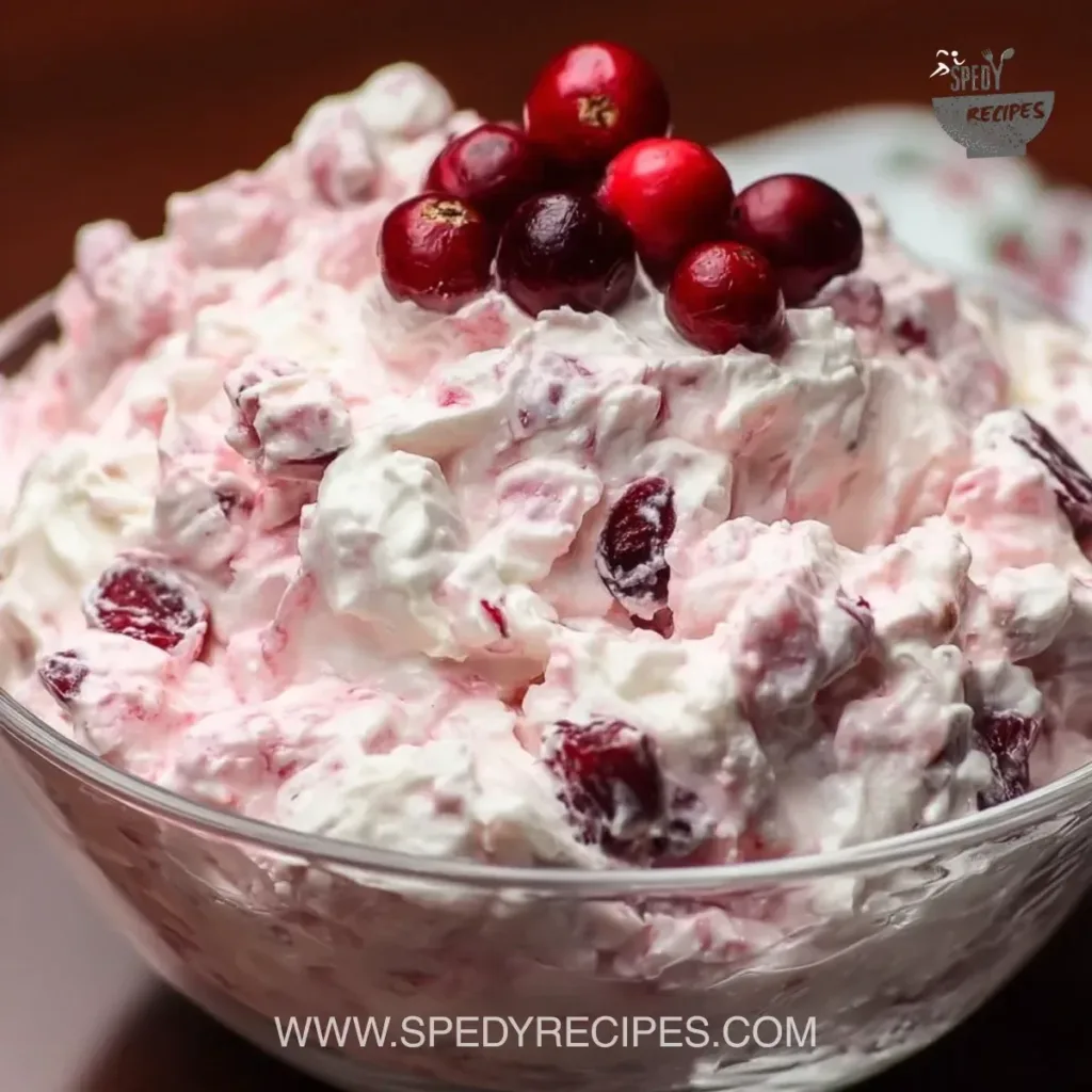 Cranberry Fluff Salad served in a bowl with cranberries and whipped cream