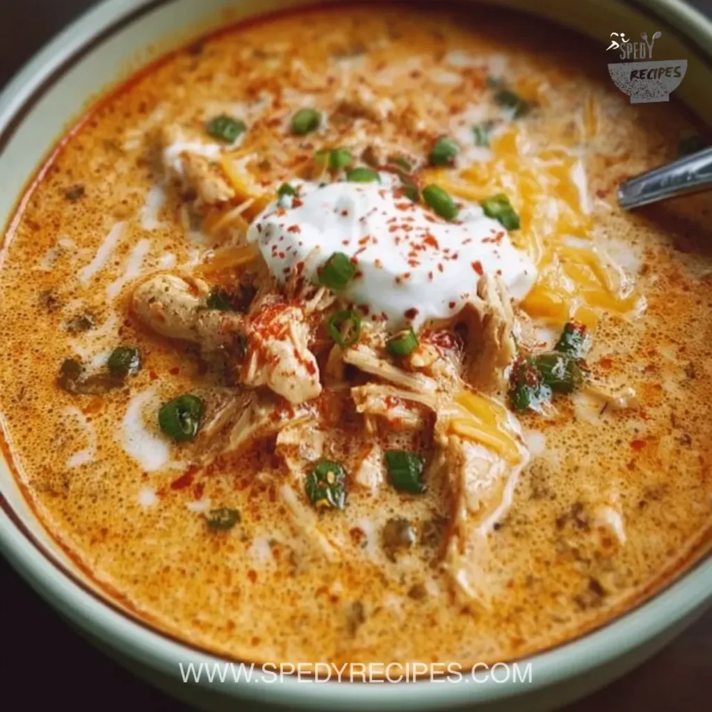 Creamy Chicken Enchilada Soup Bowl of creamy chicken enchilada soup with toppings of cheese and cilantro