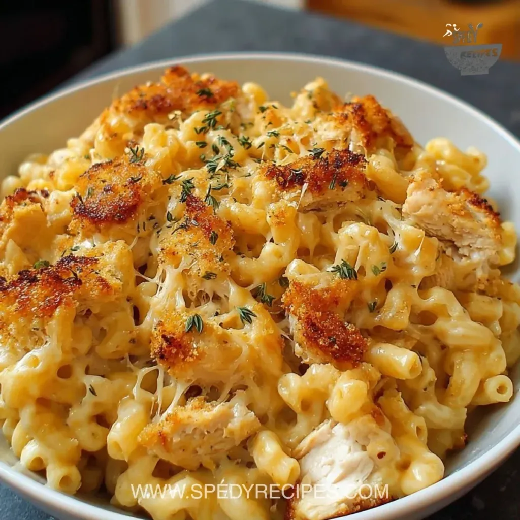 Creamy chicken mac and cheese in a bowl, topped with breadcrumbs and parsley