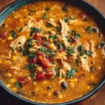 Bowl of creamy chicken tortilla soup garnished with tortilla strips and cilantro.