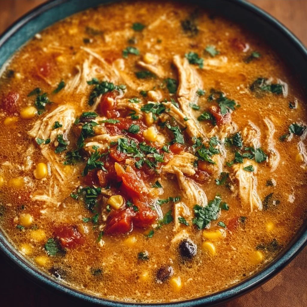 Creamy Chicken Tortilla Soup Bowl of creamy chicken tortilla soup garnished with tortilla strips and cilantro.