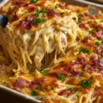 Creamy Southern spaghetti bake served in a dish.
