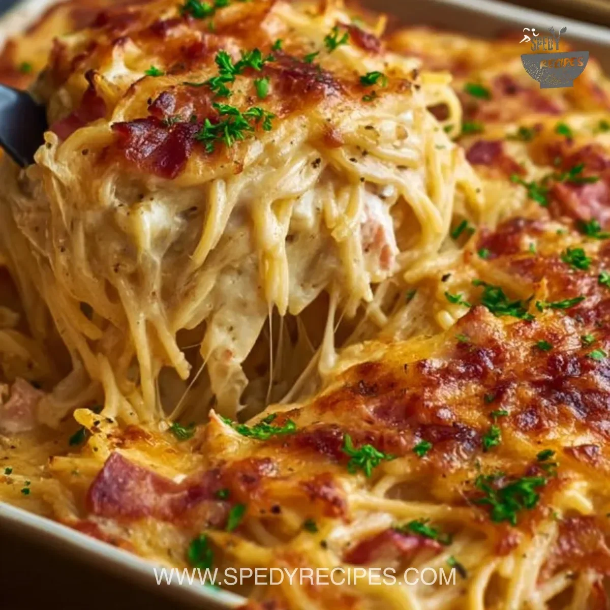 Creamy Southern spaghetti bake served in a dish.