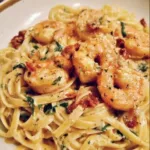 Creamy Tuscan shrimp linguine served in a bowl with herbs and spices.