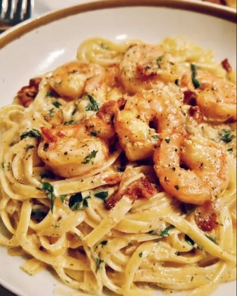 Creamy Tuscan shrimp linguine served in a bowl with herbs and spices.