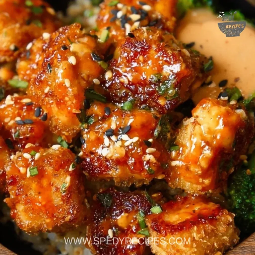 Crispy Bang Bang Salmon Bites Bowls Crispy Bang Bang salmon bites served in a colorful bowl with fresh ingredients