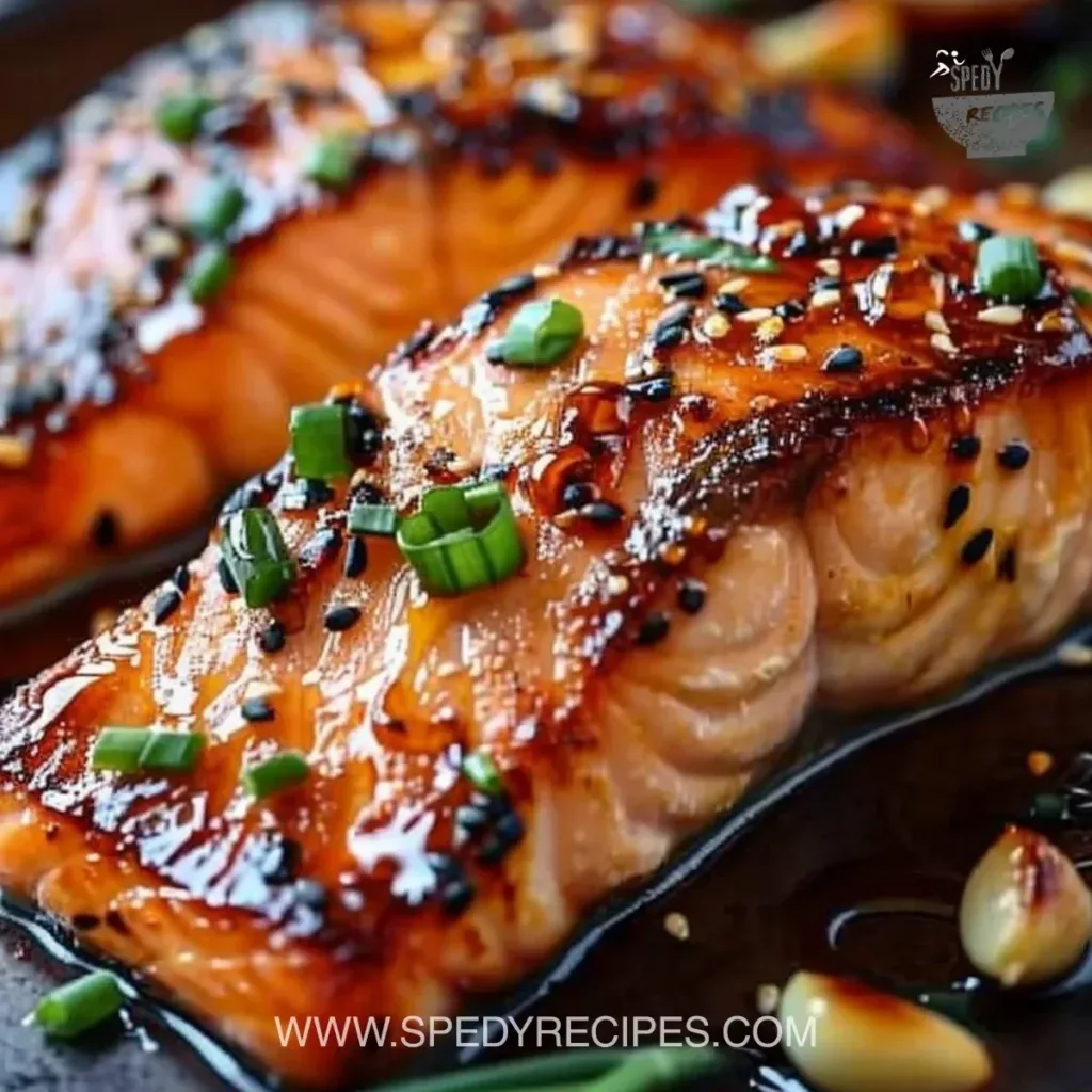 Crispy Honey Garlic Glazed Salmon Recipe Crispy honey garlic glazed salmon served on a plate with fresh herbs and lemon.