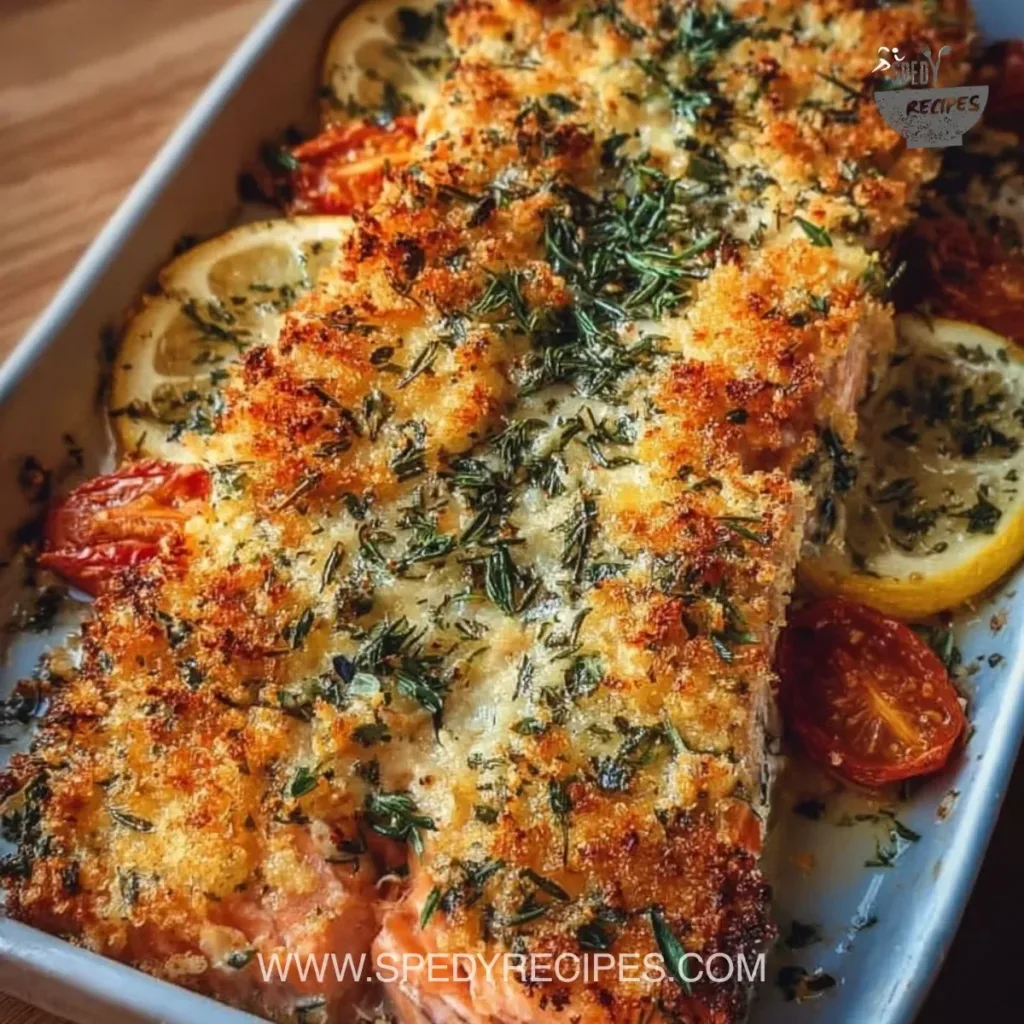 Crispy Parmesan Salmon Bake Plate of crispy Parmesan salmon bake garnished with herbs.