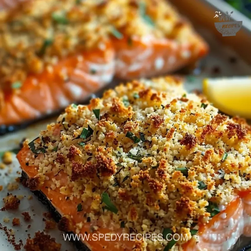 Crispy Parmesan Salmon Bake served on a plate with herbs and lemon.