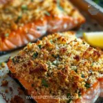 Crispy Parmesan Salmon Bake served on a plate with herbs and lemon.