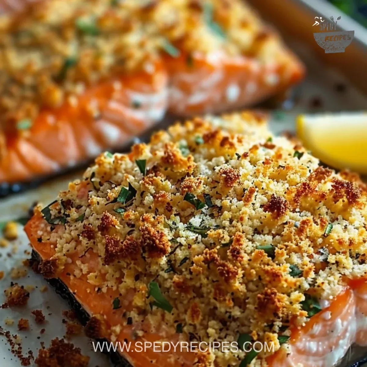 Crispy Parmesan Salmon Bake served on a plate with herbs and lemon.