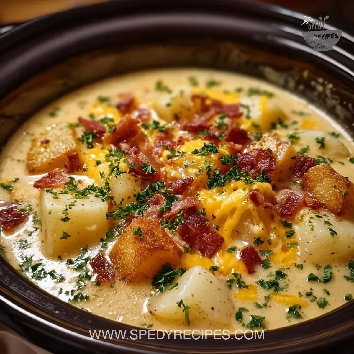 Crock Pot Crack Potato Soup in a bowl with toppings