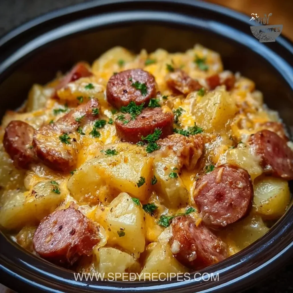 Delicious crockpot cheesy potatoes with kielbasa served in a bowl