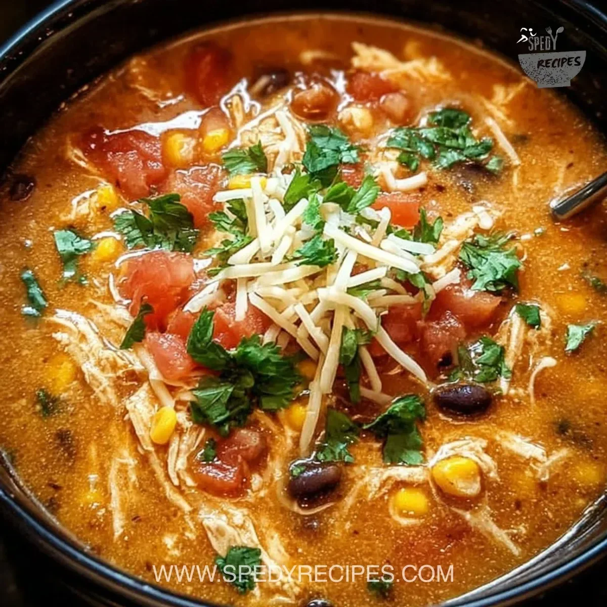 Crockpot Chicken Tortilla Soup garnished with tortilla strips and cilantro.
