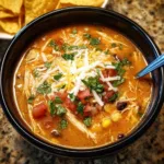Crockpot Chicken Tortilla Soup in a bowl topped with crispy tortilla strips