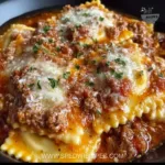 Crockpot Ravioli Lasagna in a dish, showcasing layers and rich ingredients.