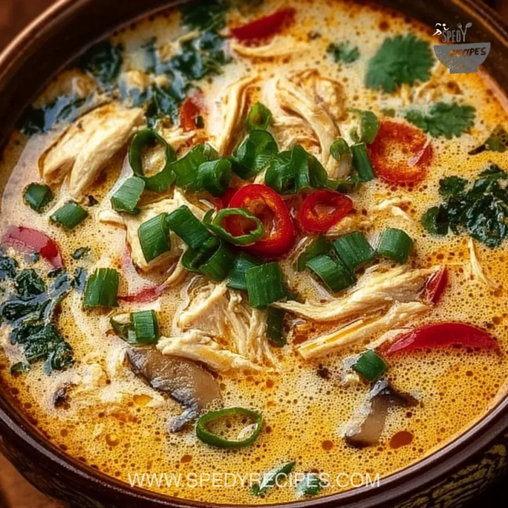 Delicious crockpot Thai coconut chicken soup in a bowl with fresh herbs