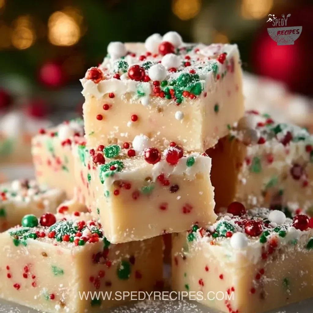 Easy Christmas Sugar Cookie Fudge Delicious easy Christmas sugar cookie fudge cut into squares on a festive plate.