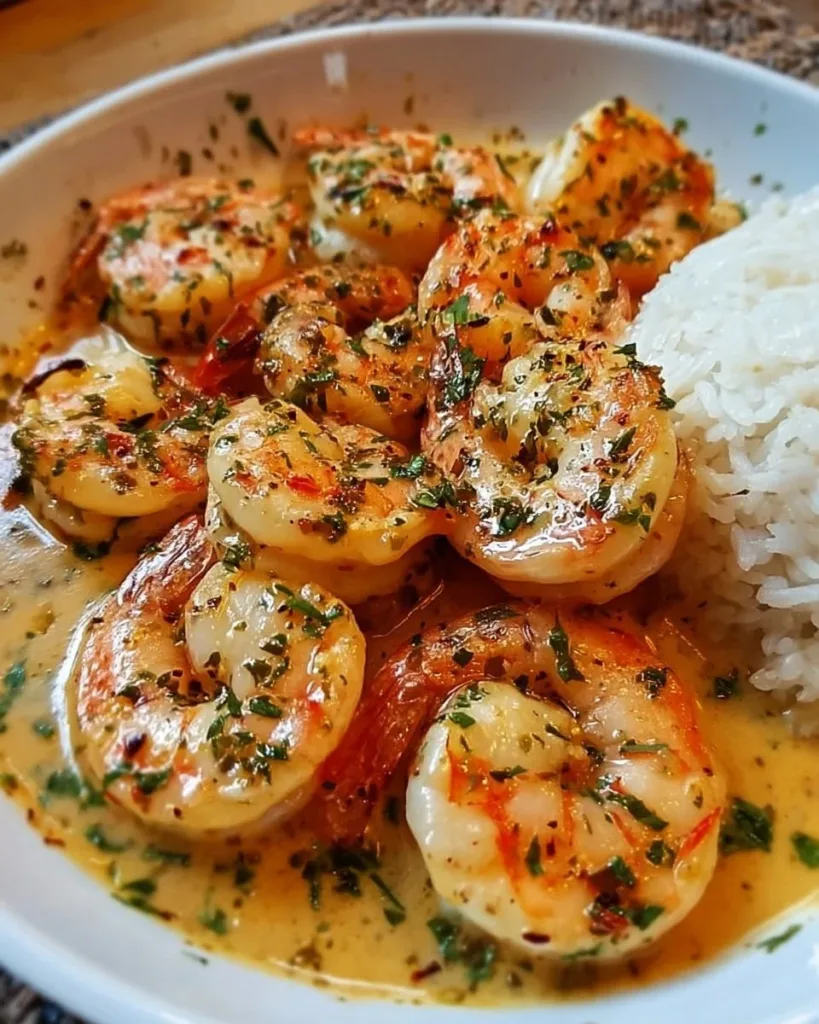 Plate of easy creamy garlic shrimp garnished with parsley and served with rice