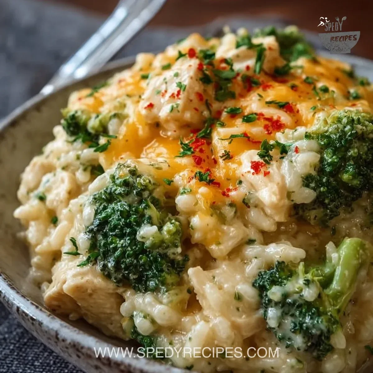Crockpot dish featuring cheesy chicken, broccoli, and rice