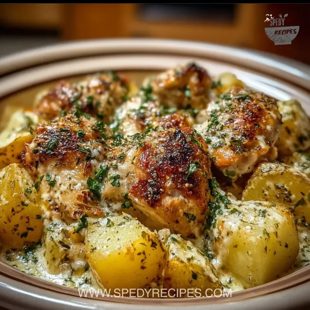 Delicious Garlic Parmesan Chicken with potatoes cooked in a crockpot.