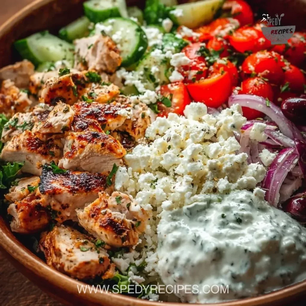 Greek Chicken Bowls Delicious Greek Chicken Bowl with fresh vegetables and tzatziki sauce