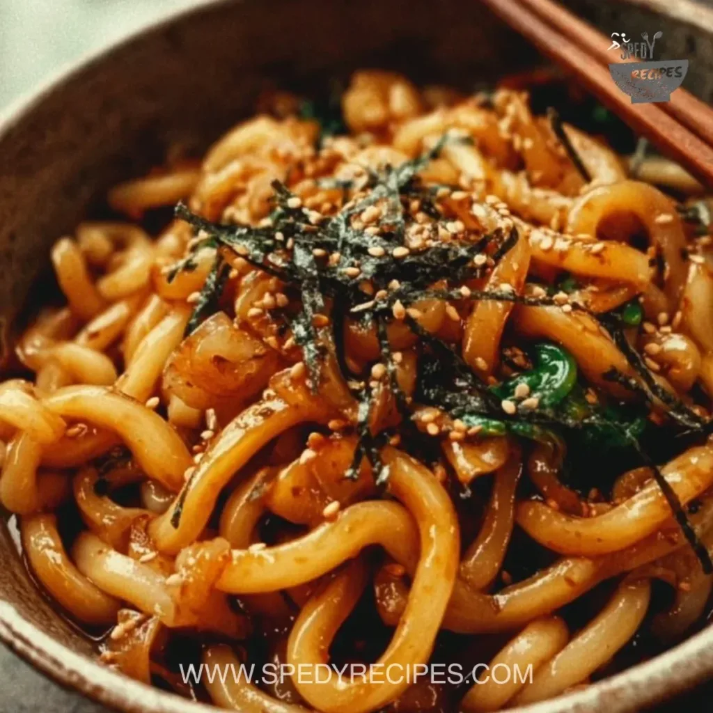 Grilled Udon Delicious grilled udon noodles served with vibrant vegetables and sauce