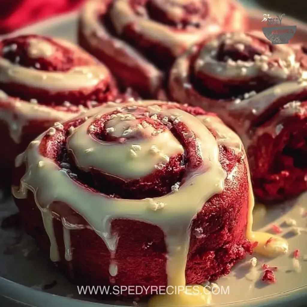 Heavenly Red Velvet Cinnamon Rolls Heavenly red velvet cinnamon rolls with cream cheese icing on a white plate.
