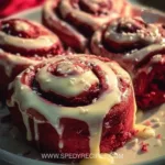 Heavenly red velvet cinnamon rolls with cream cheese icing on a white plate.