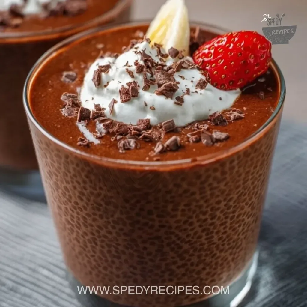 High protein chocolate chia seed pudding in a bowl with toppings.