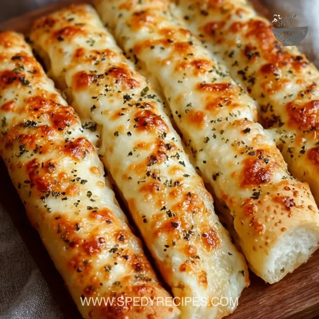 Freshly baked homemade cheesy breadsticks with melted cheese on top