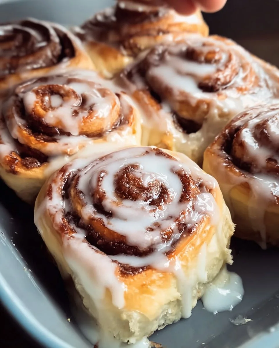 Homemade cinnamon rolls fresh from the oven with icing on top