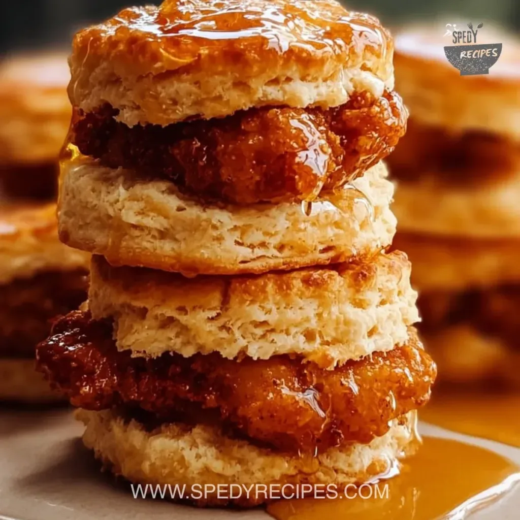 Plate of Hot Honey Chicken Biscuits drizzled with spicy honey glaze.