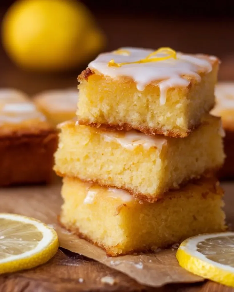 Delicious lemon brownies topped with a light glaze on a white plate