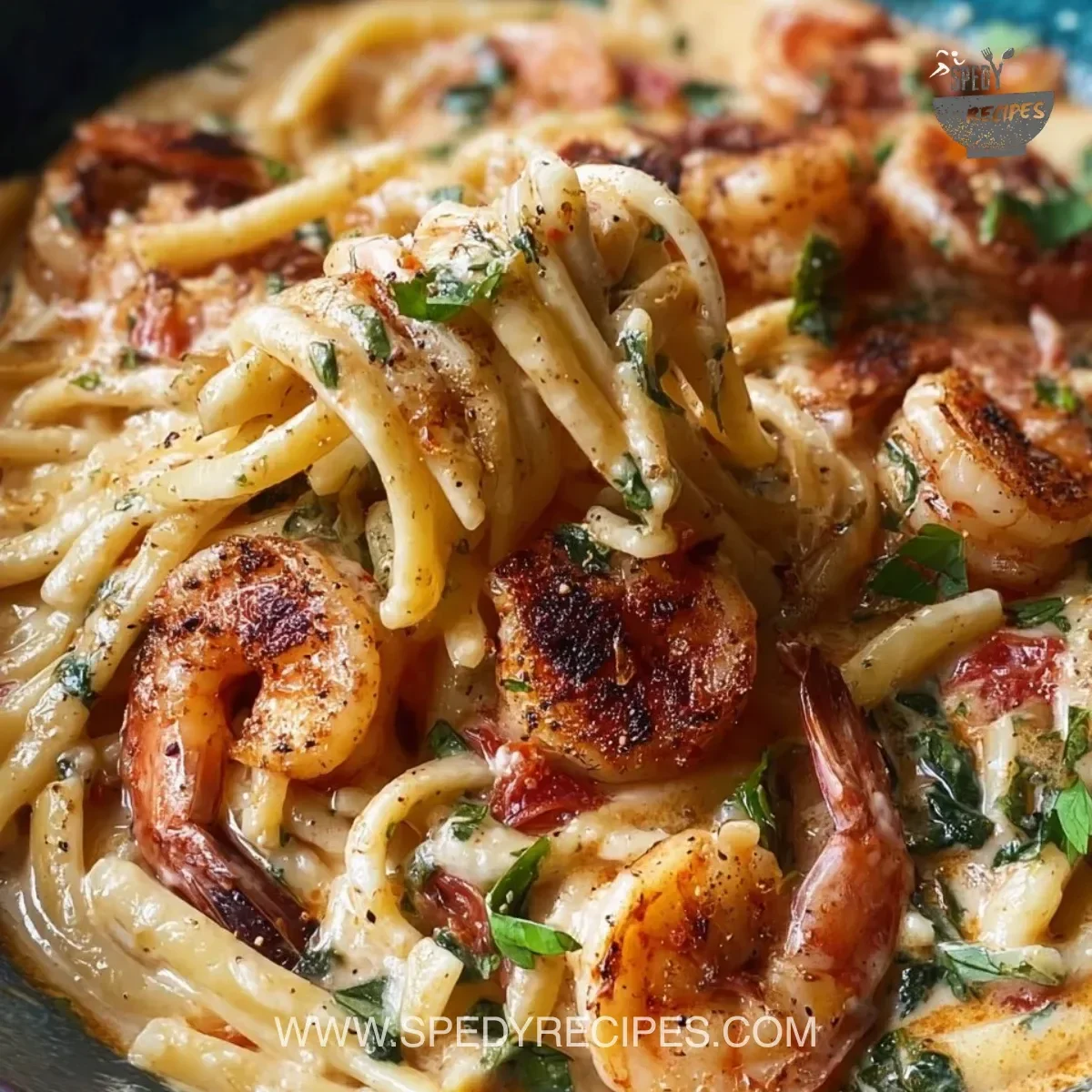 Plate of Marry Me Shrimp Pasta with herbs and spices garnished on a table.