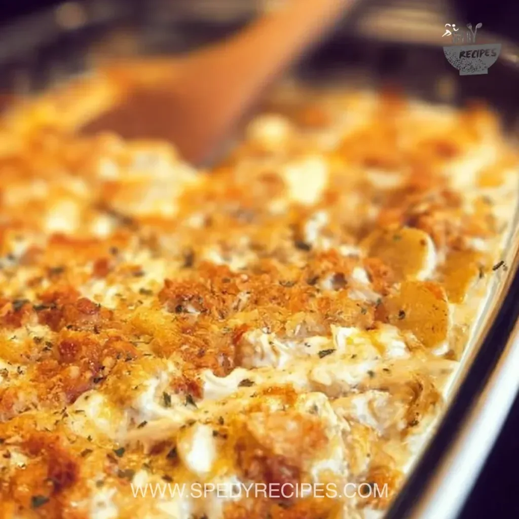 Delicious Million Dollar Chicken Casserole topped with cheese and breadcrumbs