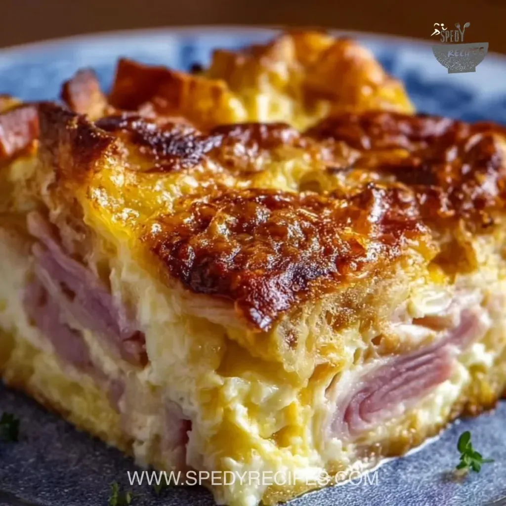 Delicious Monte Cristo breakfast casserole with ham and cheese layers