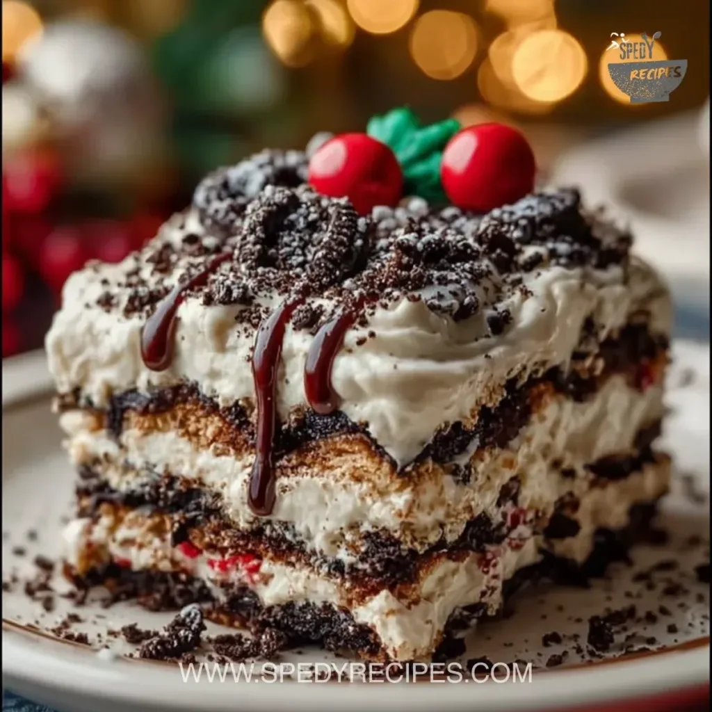 No-bake Christmas Oreo lasagna dessert layered with creamy filling and Oreo cookies.