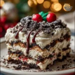 No-bake Christmas Oreo lasagna dessert layered with creamy filling and Oreo cookies.