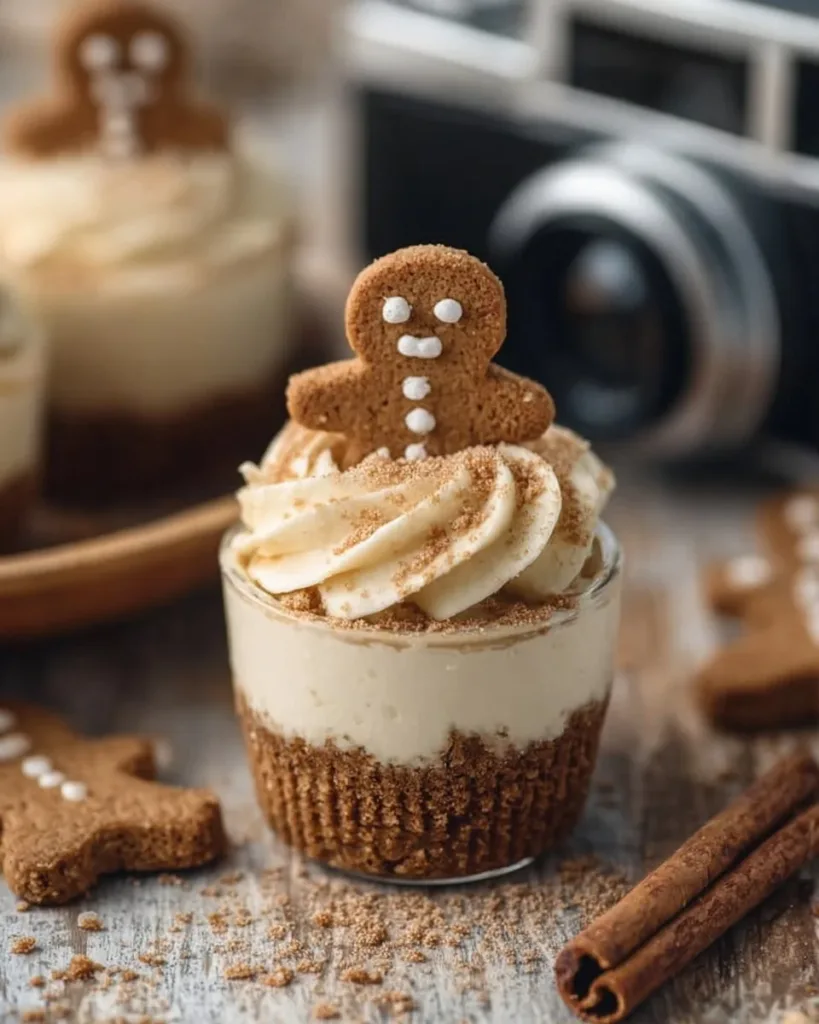 No-bake gingerbread cheesecake cups topped with whipped cream and spices