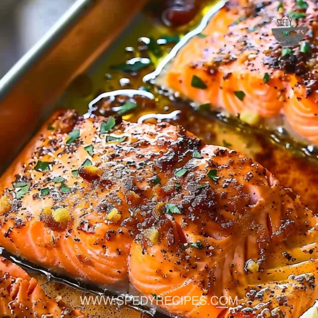 A delicious plate of oven baked salmon garnished with herbs and lemon slices.