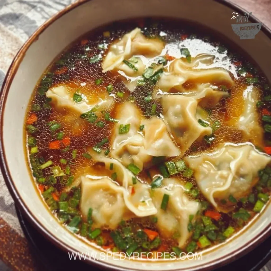 Bowl of homemade Potsticker Soup with dumplings and green onions.